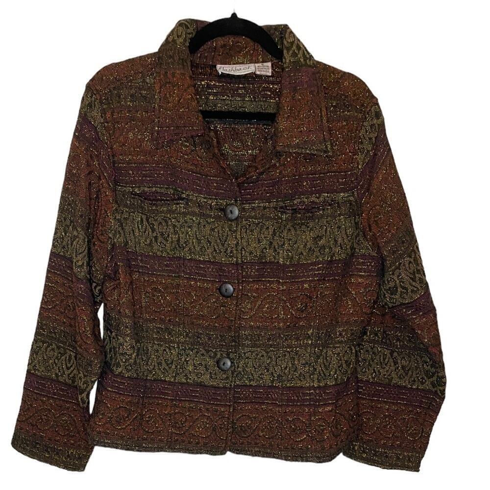 Vintage Flashback Brown Gold Purple Button Up Collared Metallic Shiny Jacket